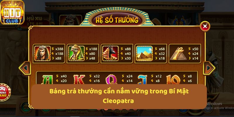 Bảng trả thưởng cần nắm vững trong Bí Mật Cleopatra